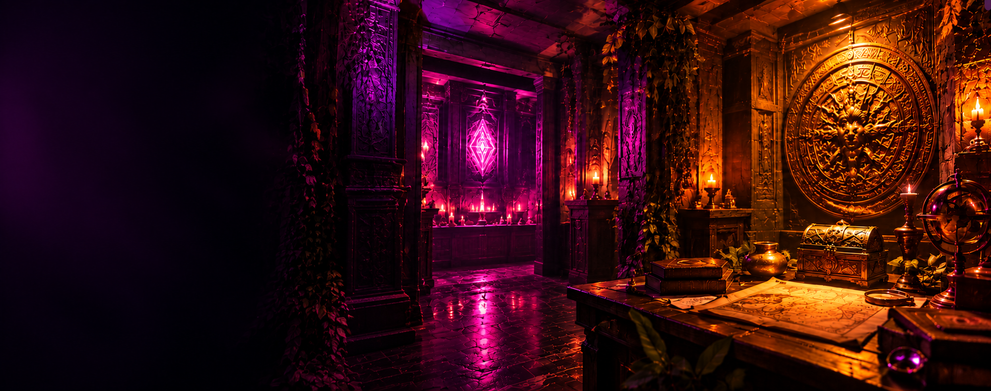 Ancient temple escape room lit in neon