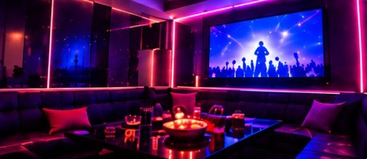 Neon-lit karaoke lounge