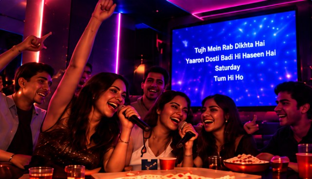 Friends singing karaoke in a private room