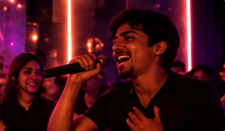 Guest singing into a microphone