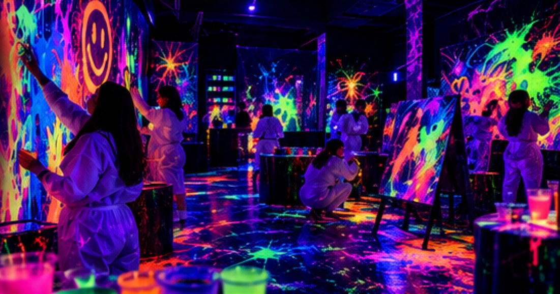 Guests painting with UV-reactive neon colours